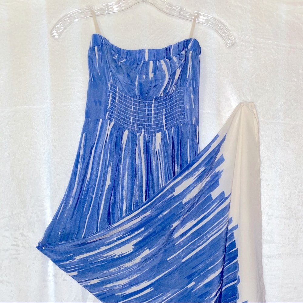 Blue and White Strapless Maxi Dress